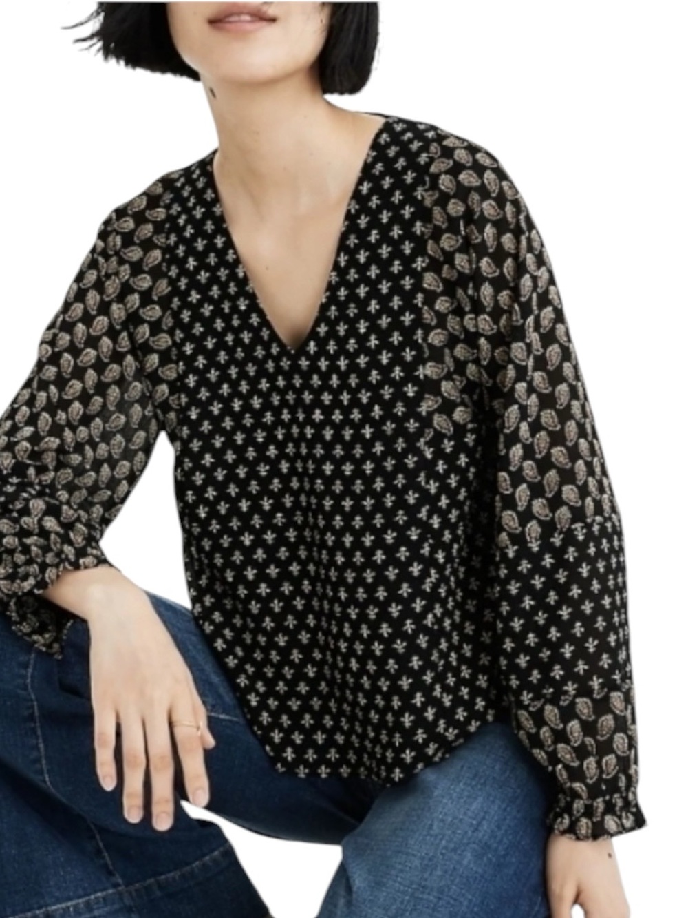 Madewell Boho Sheer Sleeve Brushstroke Paisley Mix V-Neck Long Sleeve Top L